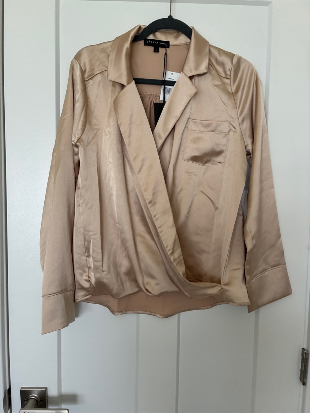 Gibson Champagne Satin Draped Wrap Blazer